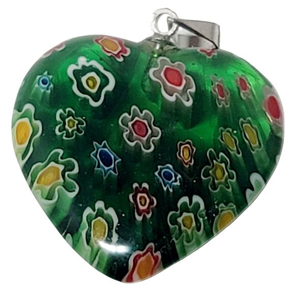 Unbranded Jewelry - Emerald Green Lucite Millefiori Heart Pendant 1" Tall 18KPG Gold Plated